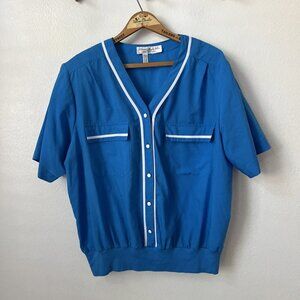 80s blue white short sleeve banded waist womens blouse M/L retro summer grandma